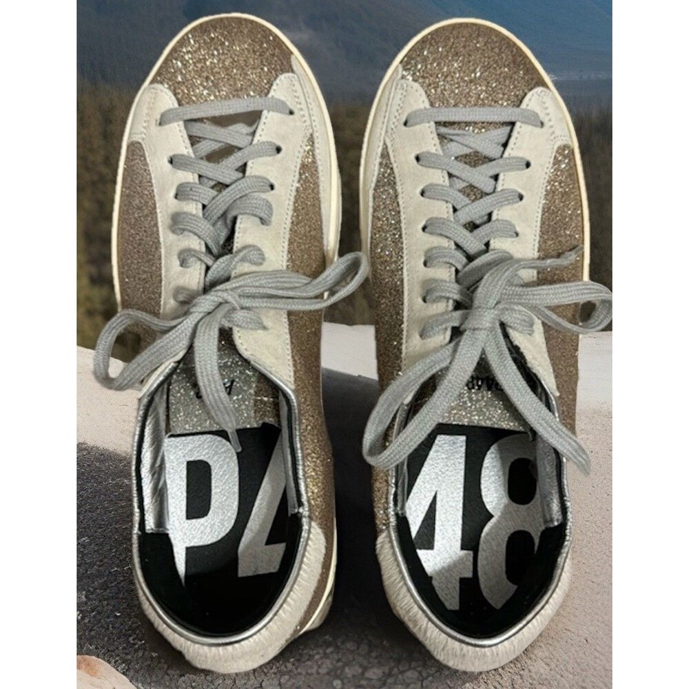 P448 Women's John Glitter Low Top Suede Sneakers in Gold/Gray, Size 37 SPARKLE